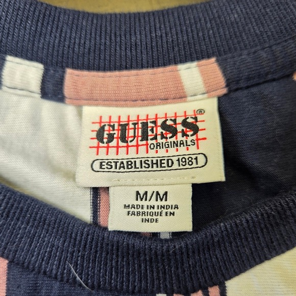 Guess Originals Striped T-Shirt Mens Medium Navy Pink White Vertical Stripe Logo - Picture 4 of 5